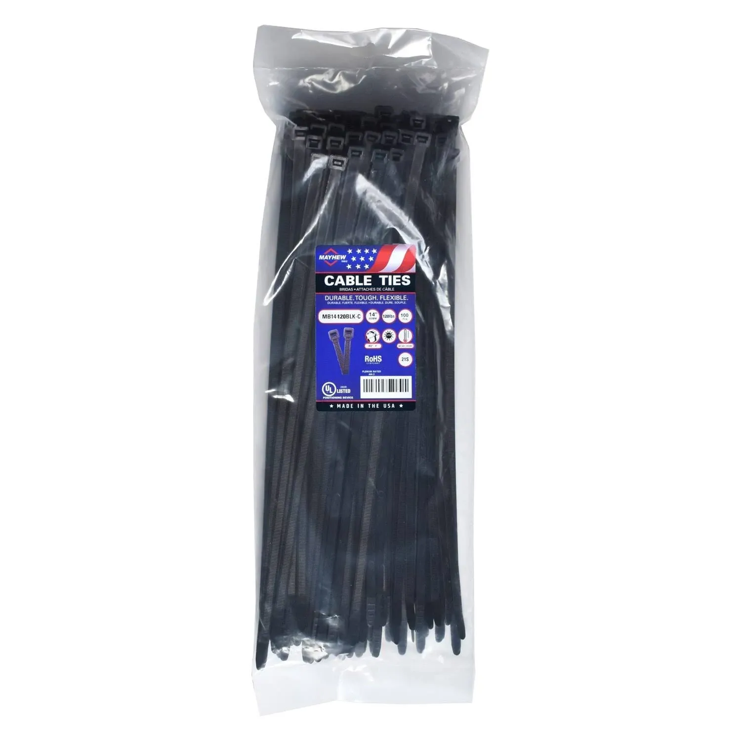 Mayhew Tools® MB14-120BLK-C - 120 lb 14&quot; UV Black Cable Ties (100 Pieces)