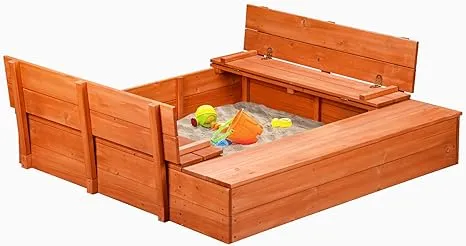 Kids Wooden Sandbox with Cover and Foldable Storage Bench Seats, Sand Table with Protection Bottom Liner,Kids Play Equipment for Outdoor Backyard Garden 47X47in.