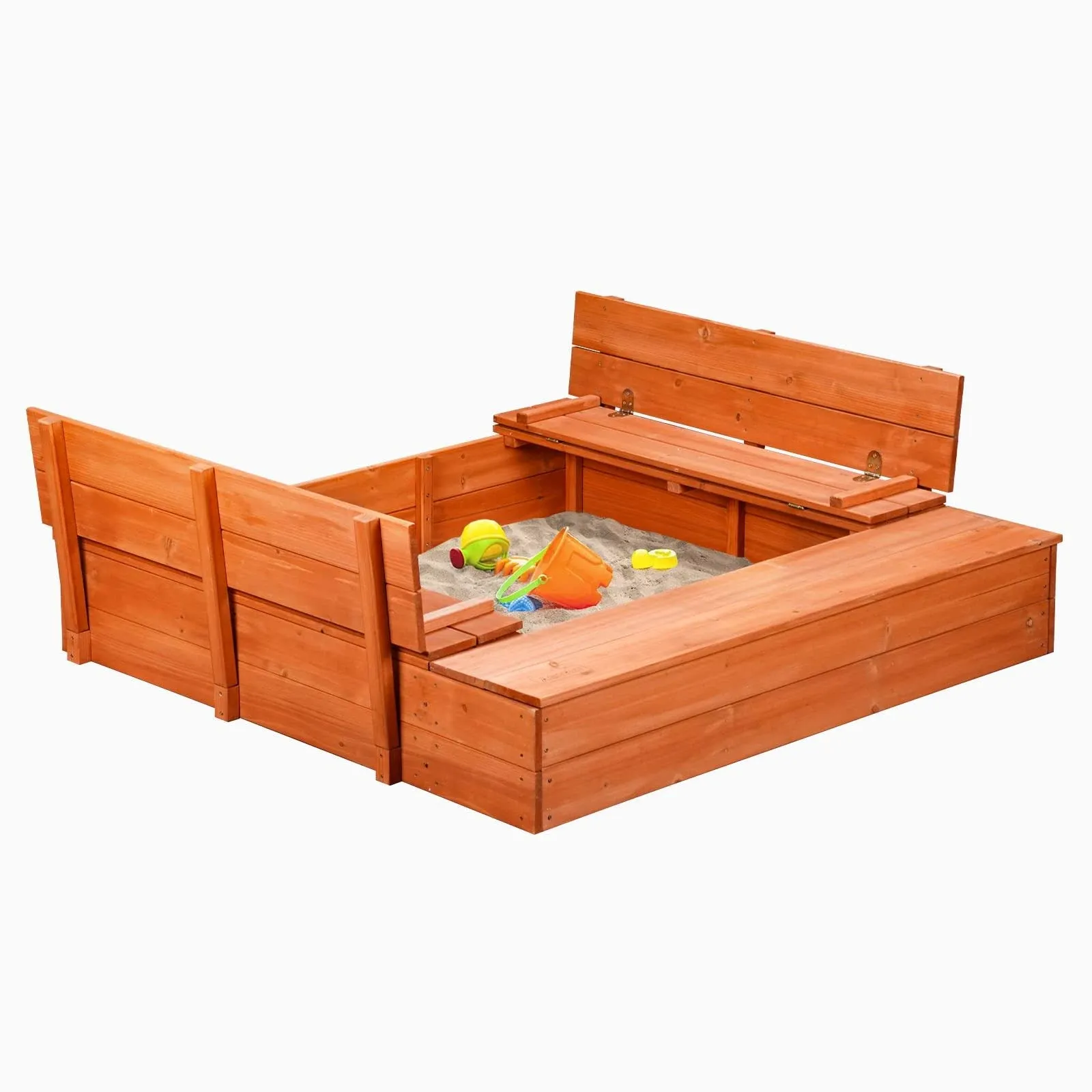 Kids Wooden Sandbox with Cover and Foldable Storage Bench Seats, Sand Table with Protection Bottom Liner,Kids Play Equipment for Outdoor Backyard Garden 47X47in.