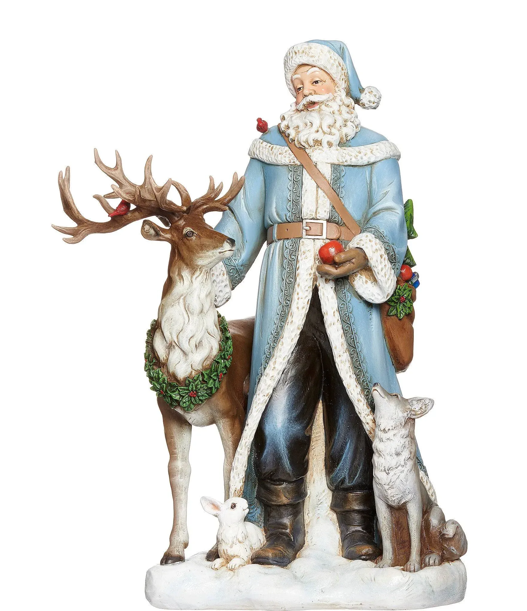 Roman Joseph's Studio Blue Coat Santa, Deer, White Foxand Rabbit Figurine, 18.5-inch Height, Home Decor