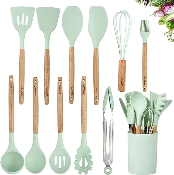 Vivayo Silicone Cooking Utensil Kitchen Utensils Set, 12 Pieces Silicone Kitchen Utensil Wooden Handles, Kitchen Spatula Sets with Holder Spoon