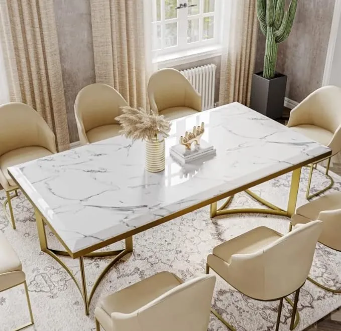 Modern Marble Dining Table with White Rectangular Tabletop and Gold Stainless Legs