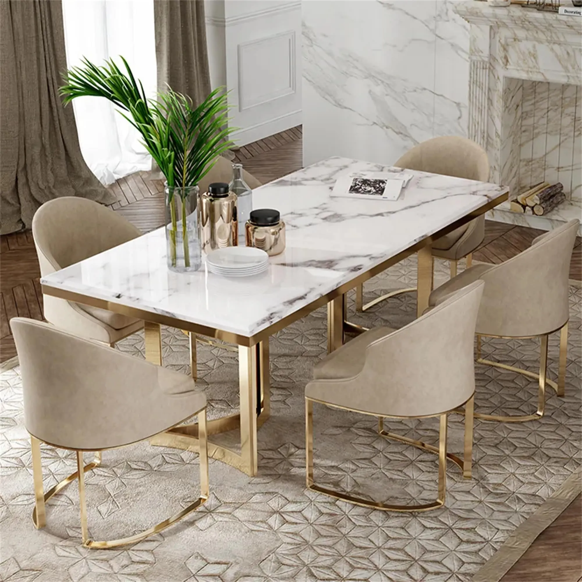 Modern Marble Kitchen Dining Table, Round Sintered Stone Tabletop Gold Stainless Base -- 59 inch