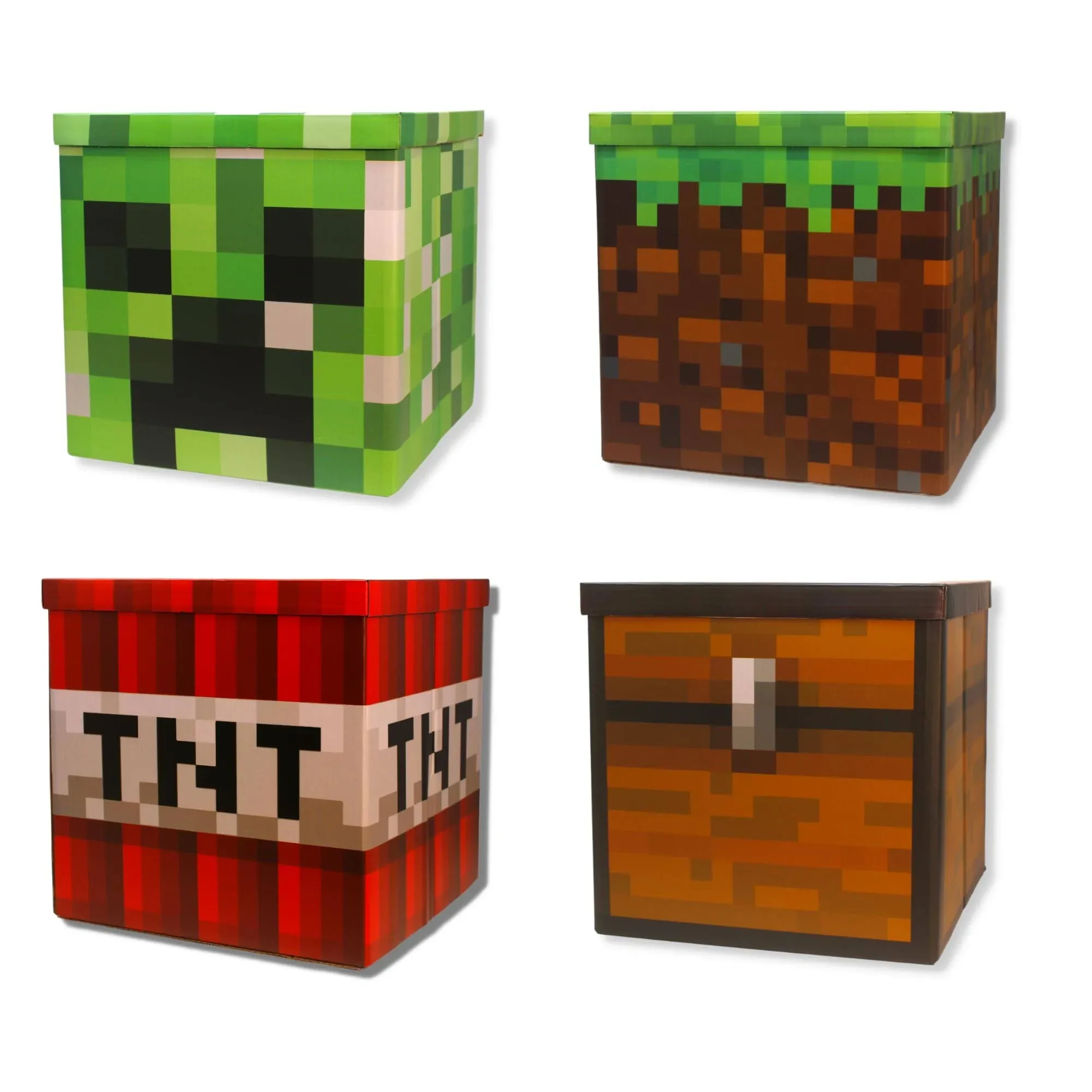 Large 14 x 14 Pixelated Box - 4 Pack | Birthday Party Supplies | Storage Decoration and Prop, Big Birthday Box | Storage Bin Chest With Lid Gift Accessory - 4 Pack (Chest,TnT,Grass,Creeper)