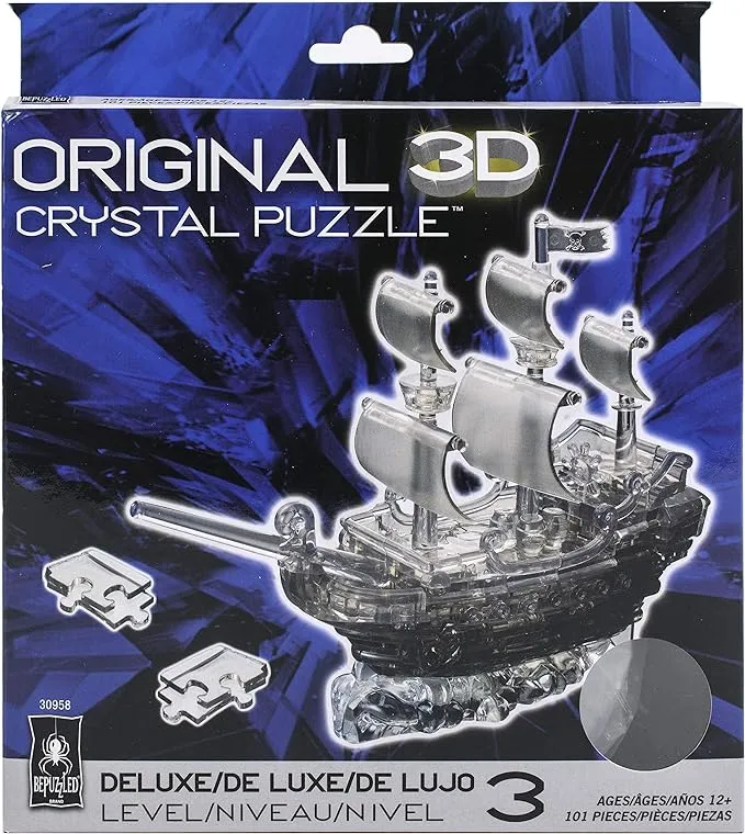 Bepuzzled Original 3D Crystal Puzzle Deluxe - Pirate Ship, Black - Fun yet challenging brain teaser that will test your skills and imagination, For Ages 12+