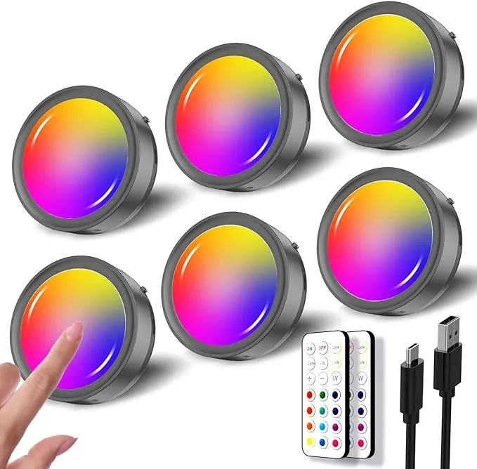 USB Rechargeable RGB Puck Lights with Remote, Black Color Changing Battery Power