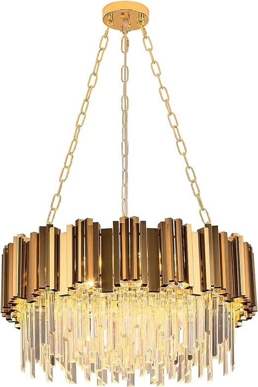 WABON Modern K9 Crystal Pendant Lighting, Round Gold Crystal Chandelier Contemporary Luxury Pendant Ceiling Lighting Fixture for Dining Living Room Kitchen Island, Antique Gold