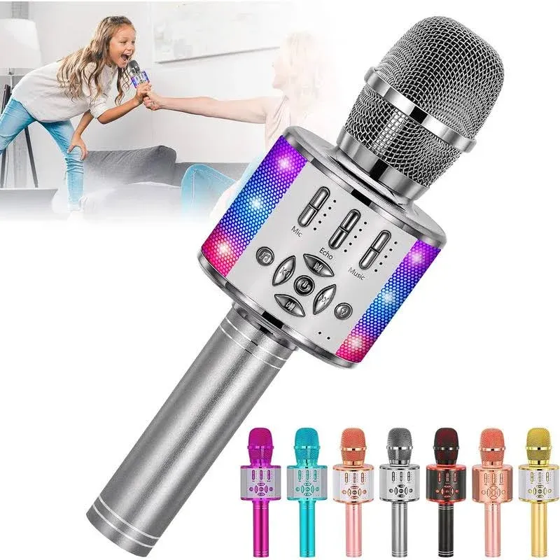 Amazmic Kids Karaoke Microphone Machine Toy Bluetooth Microphone Portable Wireless Karaoke Machine Handheld with LED Lights, Gift for Children Adults Birthday Party, Home KTV(Gray)