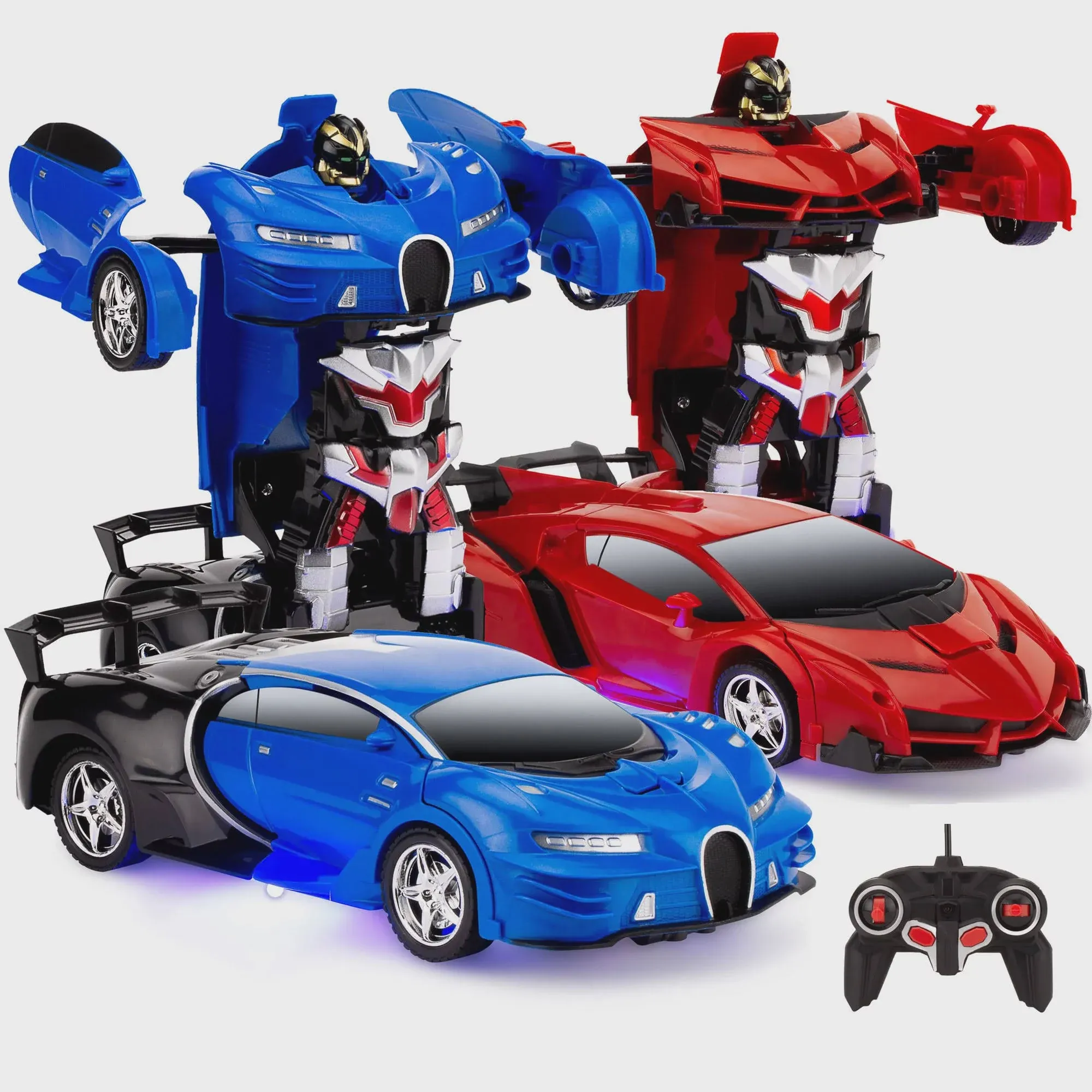 Set of 2 1/18 Scale RC Remote Control Transforming Robot Sports Car Toys w/ 1