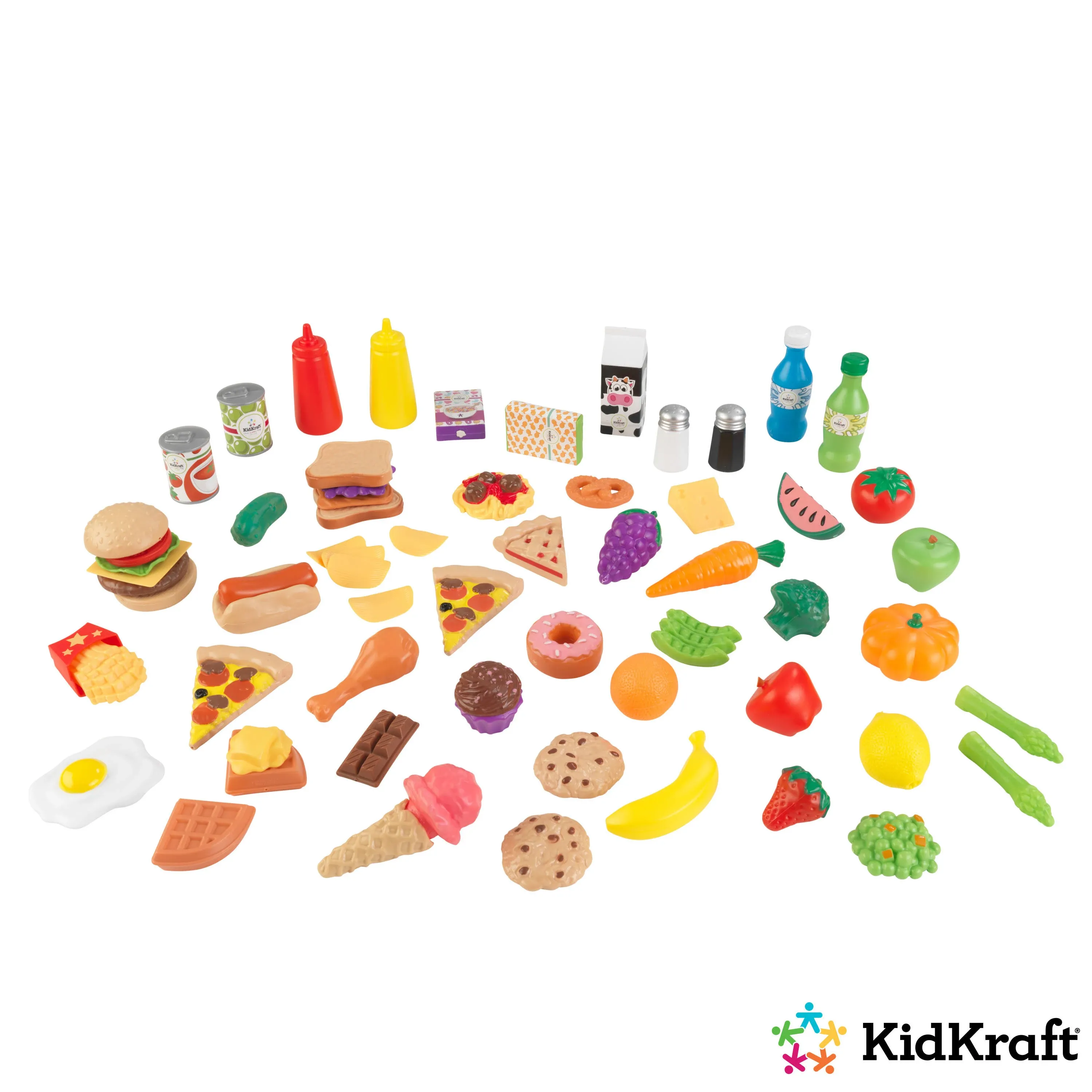 KidKraft 65-Piece Plastic Play Food Set for Play Kitchens, Fruits, Veggies, Sweets, Drinks and More, Gift for Ages 3+