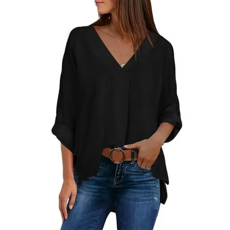 Asvivid Womens Casual 3/4 Bell Sleeve V Neck Chiffon Tops Solid Blouse Loose High Low Hem Shirts S-2XL