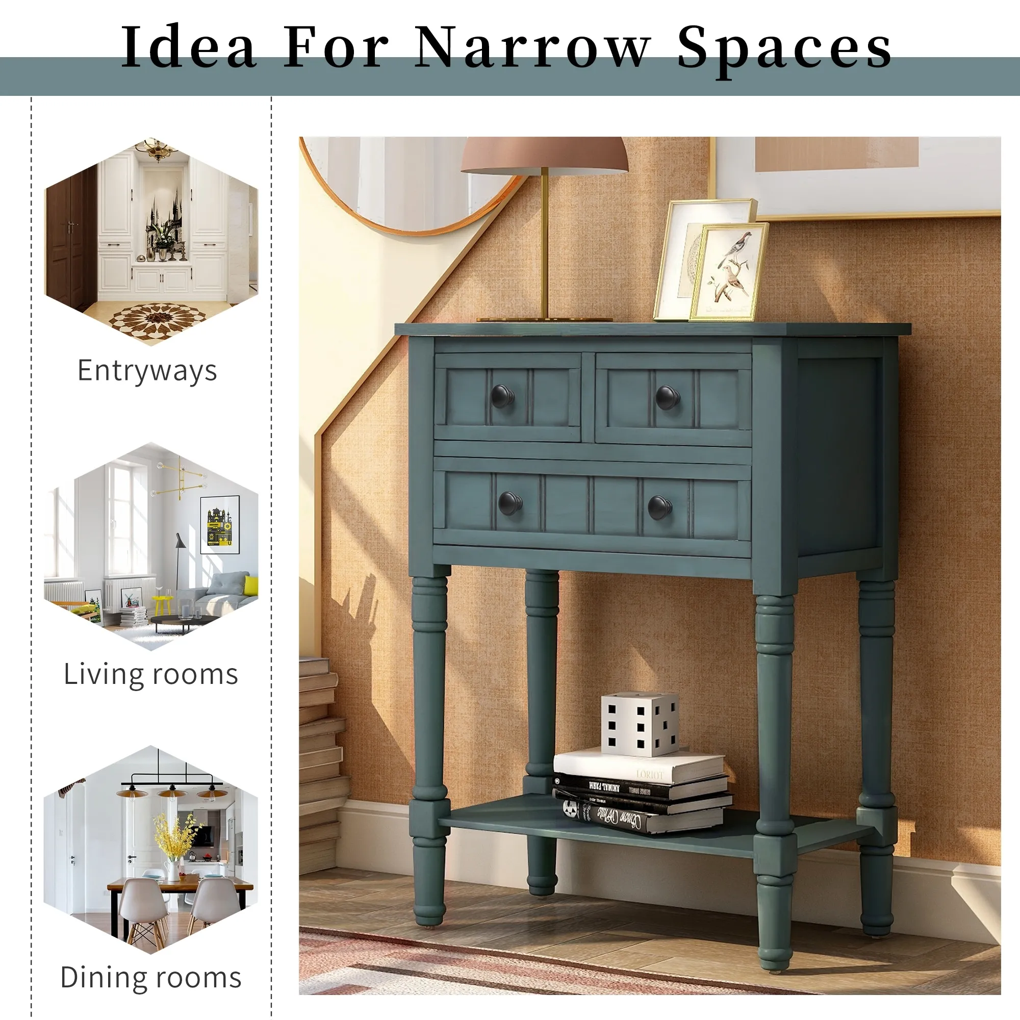 Narrow Console Table Sofa Table with Three Storage Drawers and Bottom Shelf for Living Room, Side Table Entryway Table, Navy