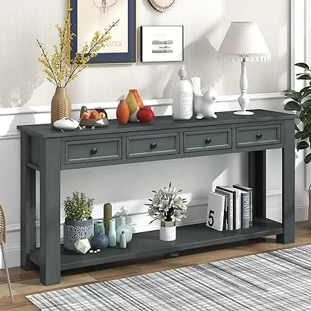 P PURLOVE Console Table for Entryway Hallway Sofa Table with Storage Drawers and Bottom Shelf (Navy)