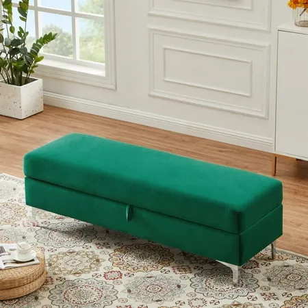 Flip-Top Storage Bench Tufted Velvet Fabric Ottoman Storage Bench Upholstered Bedroom Storage Bench Footrest Stool with Solid Wood Frame Metal Legs for Living Room Entryway Bedroom Green