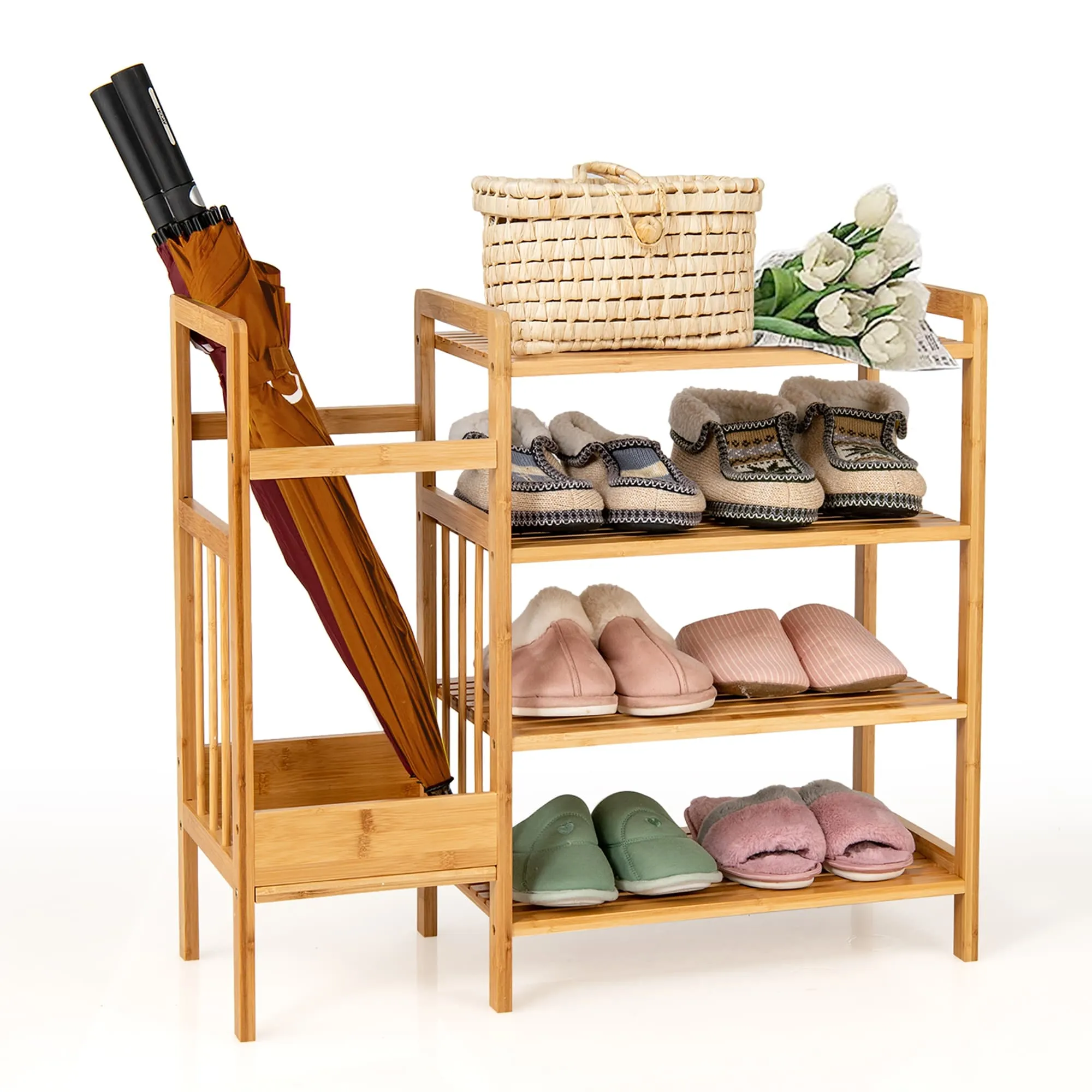 Costway 4-Tier Bamboo Shoe Rack Entryway Organizer w/Umbrella Holder & - See details