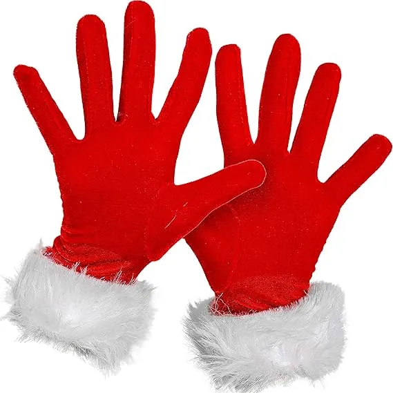 Skeleteen Red Fur Costume Gloves - Red Velvet Gloves with White Furry Cuff Accessories for Costumes for Women and Kids