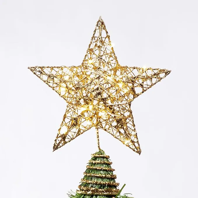 Pink Glitter Star Tree Topper Metal, Warm White