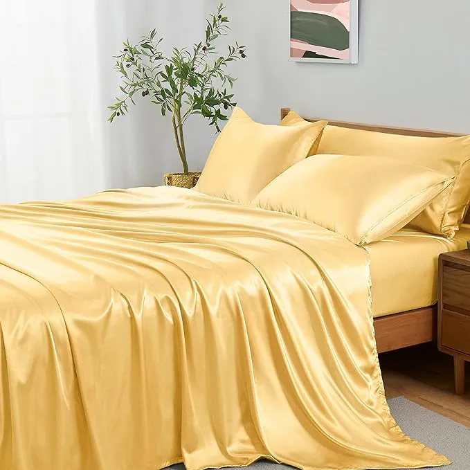 Entisn 4Pcs Silky Satin Sheets Set, Twin Size Satin Bed Sheets Set, Champagne Luxury Bedding Sets, Breathable & Ultra Soft Sheets Set Includes 1 Fitted Sheet, 1 Flat Sheet, 2 Pillowcases