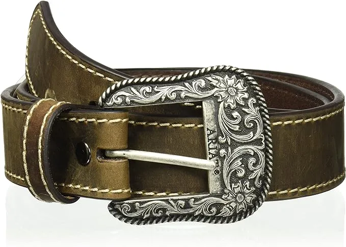 Women&#039;s Ariat HEAVY STITCHED BROWN LEATHER BELT Floral Buckle Size M L XL PLUS