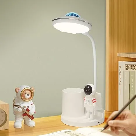 LED Desk Lamp for Kids, Astronaut Cute Small Desk Lamp with USB Charging Port, Pen Holder, Projection Night Lights for Kids, White Desk Lamp, Eye-Caring Study Table Lamp for Boys Bedroom