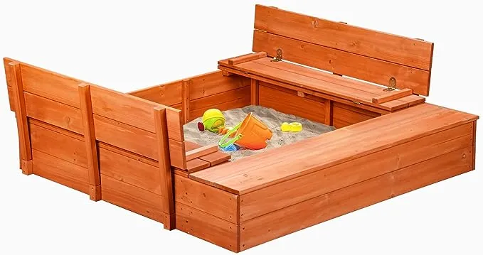 Wooden Outdoor Sandbox with Cover,Sand Box with Foldable Storage Bench Seats and Sand Protection,Kids Play Equipment for Outdoor(47X47Inch