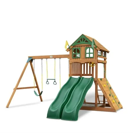 Gorilla Playsets 01-1087 Avalon Wooden Swing Set with Wood Roof, Two Slides, Climbing Wall, Ladder, and Swings, Cedar