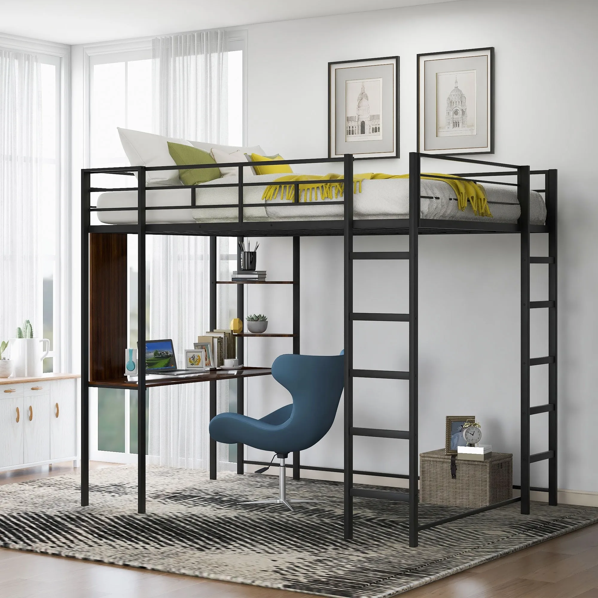 Bellemave Full Size Loft Bed, Metal Loft Bed with Desk, Full Size Loft Bed with Storage Staircase and Shelves，Small Wardrobe, Full Size Loft Bed for Kids, Teens, Adults, Black