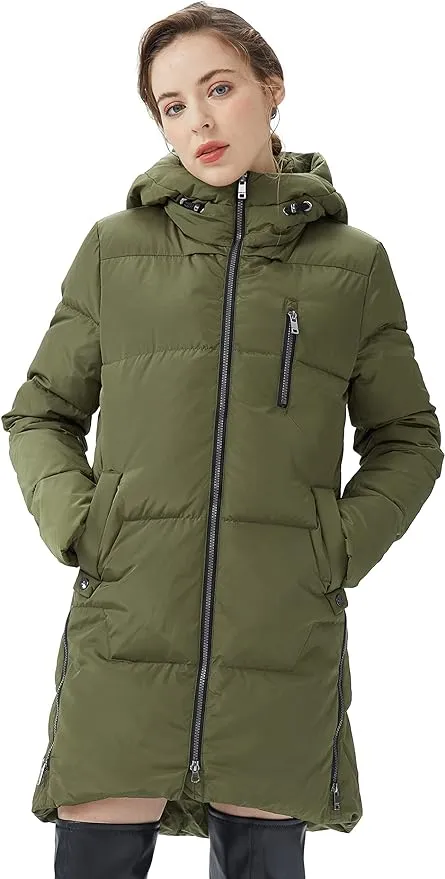 Orolay Women's Stylish Down Hooded Jacket with Two-Way Zipper Winter Down Coat Puffer Jacket A-line Coat