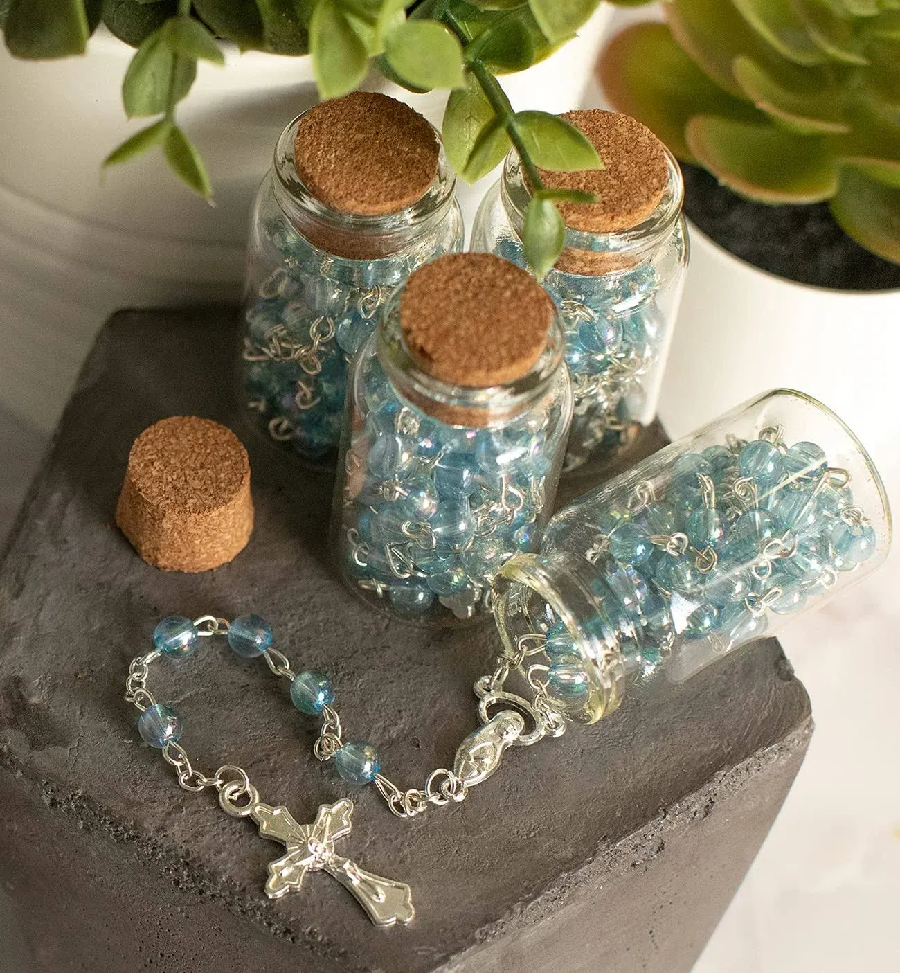 Baptism Favor (12PCS) Holy Communion Rosary in Glass Bottle Jar Recuerdos De Bautizo Quinceanera Clear Blue Pearl Christening   Quinceanera