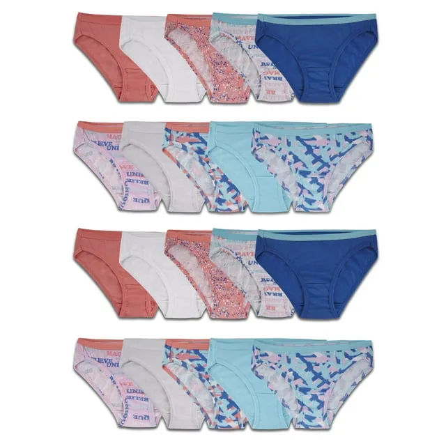 Fruit of The Loom Girls Cotton Bikini Underwear, 20 Pack Panties Sizes 4-16, Girl's, Size: 14