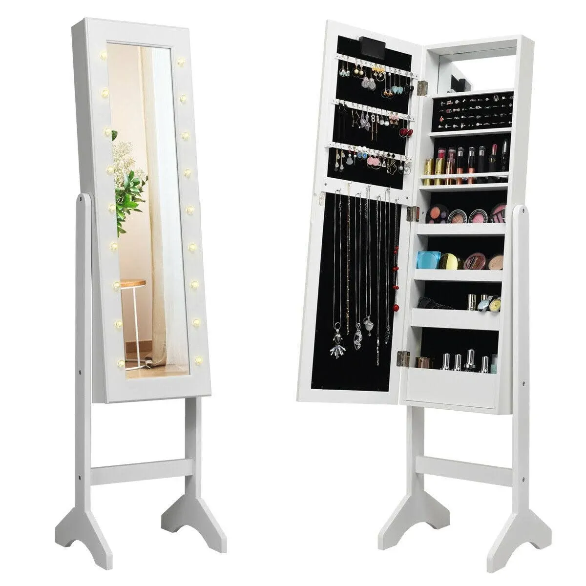 Costway Mirrored Jewelry Cabinet Armoire Organizer Free Standing w/ 18 LED lights ...