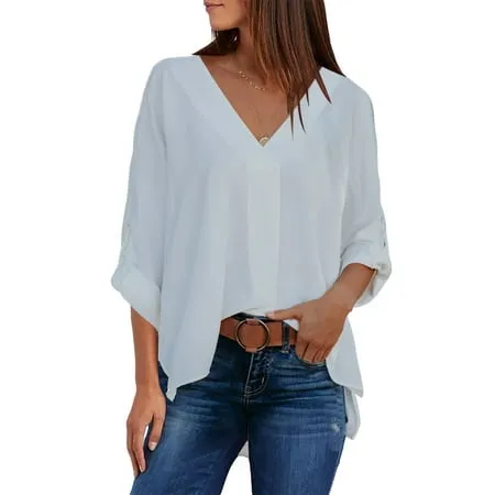 Asvivid Womens Casual 3/4 Bell Sleeve V Neck Chiffon Tops Solid Blouse Loose High Low Hem Shirts S-2XL