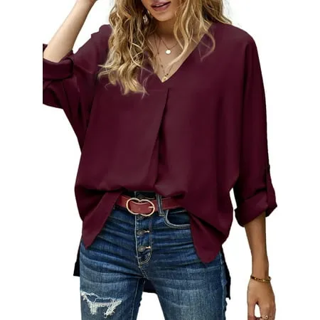 Asvivid Womens Casual 3/4 Bell Sleeve V Neck Chiffon Tops Solid Blouse Loose High Low Hem Shirts S-2XL