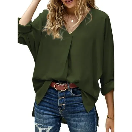 Asvivid Womens Casual 3/4 Bell Sleeve V Neck Chiffon Tops Solid Blouse Loose High Low Hem Shirts S-2XL