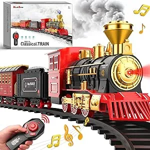 Hot Bee Train Set with Remote Control Train Toys w/Smokes, Lights & Sound, Toy Train w/Steam Locomotive, Cargo Cars & Tracks, Toddler Model Trains for 3 4 5 6 7 8+ Year Old Boys Birthday Gifts