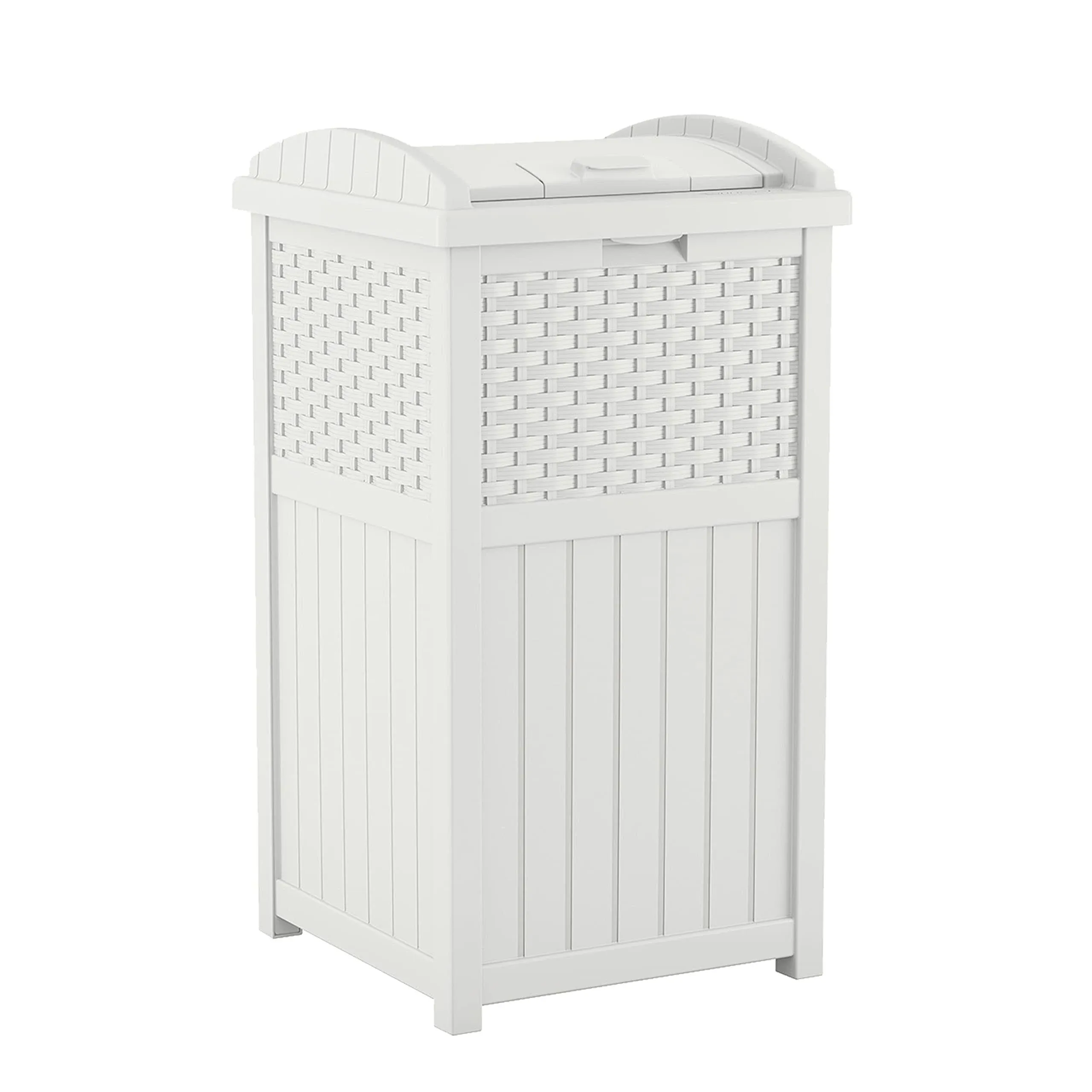 Suncast Wicker Resin Outdoor Hideaway Trash Can Bin with Latching Lid, White