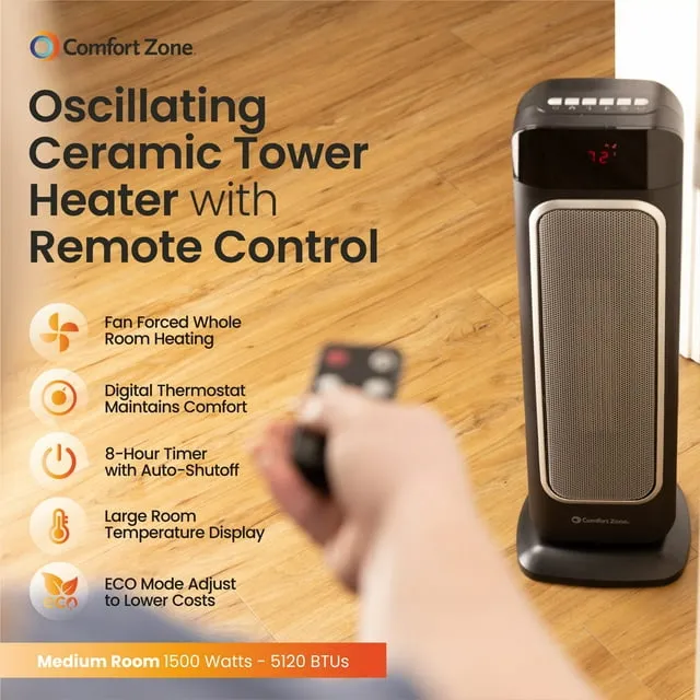 Comfort Zone CZ523RBK 23 in. Ceramic Tower Heater with Remote