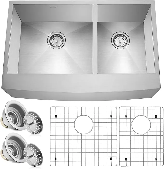 Miligor 33  x 21  x 10  Deep Double Bowl (60/40 Split) Farmhouse Apron Zero Radius 16-Gauge Stainless Steel Kitchen Sink - Includes Drains/Grids