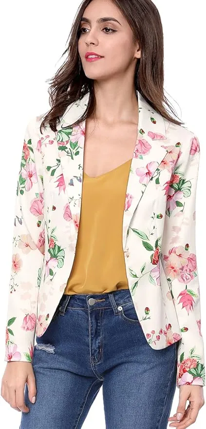 Allegra K Women Allover Floral Print Notched Lapel Open Front Blazer White L