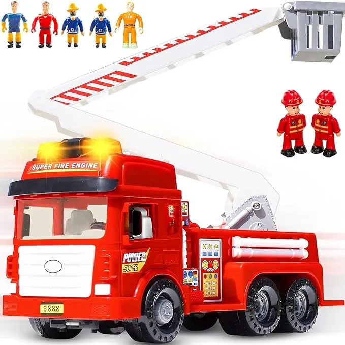 FUNERICA Large Fire Truck Toy with Lights and Sounds - Doors That Open - Big Folding Ladder - 7 Toy Figures and Firemen - Red Firetruck Engine for Toddlers and Kids