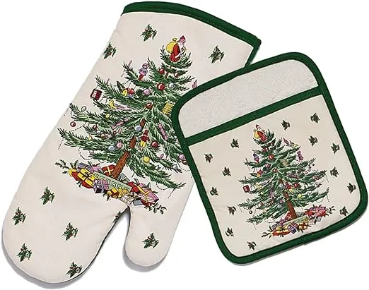 Spode - 2pc Kitchen Set, Matching Oven Mitt & Pot Holder, Holiday Home Decor (Spode Christmas Tree Collection)