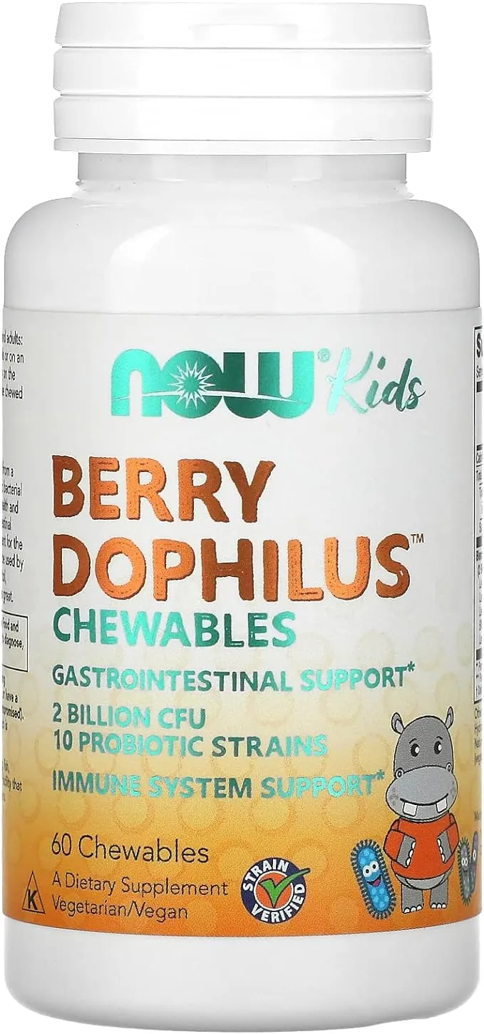 NOW Supplements, BerryDophilus™ with 2 Billion, 10 Probiotic Strains, Xylitol Sweetened, Strain Verified, 60 Chewables, packaging may vary