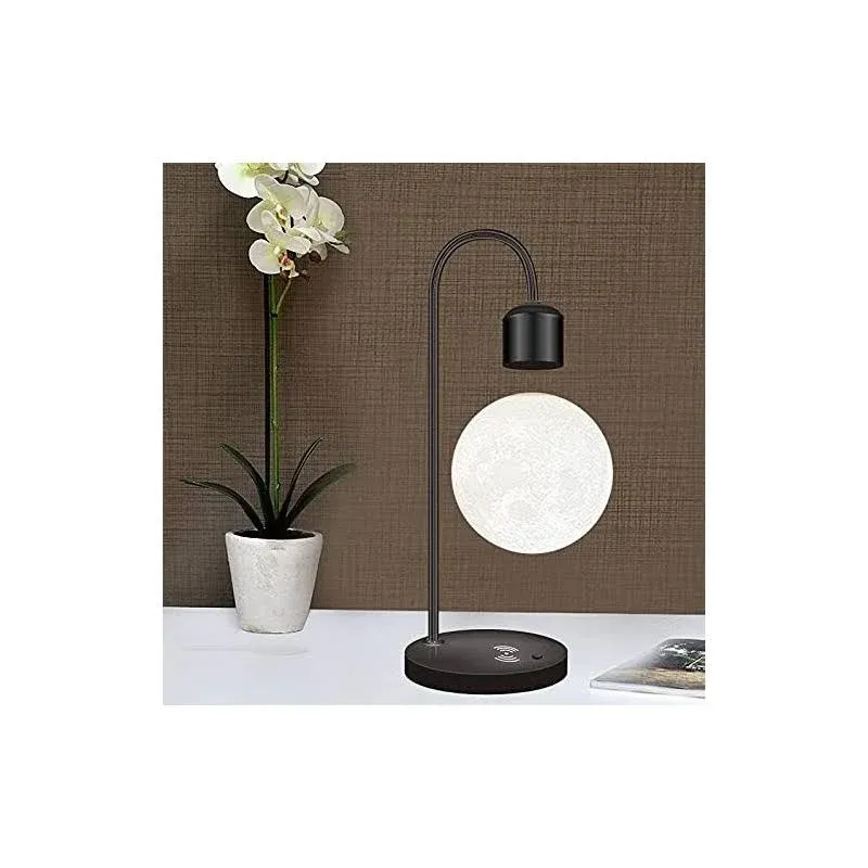 MODIRNATION Unique Modern Levitating Moon Lamp with Built-in Qi Wireless Charger, Simplistic and Innovative Design, Warm Decorative LED Light for Home and Office (Black)