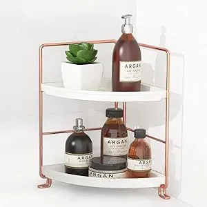 FSyueyun 2-Tier Corner Bathroom Counter Organizer, Tool-Less Installation Vanity Shelf Small Plastics Countertop Makeup Tray Skincare Perfume Organizers (Rose Gold)