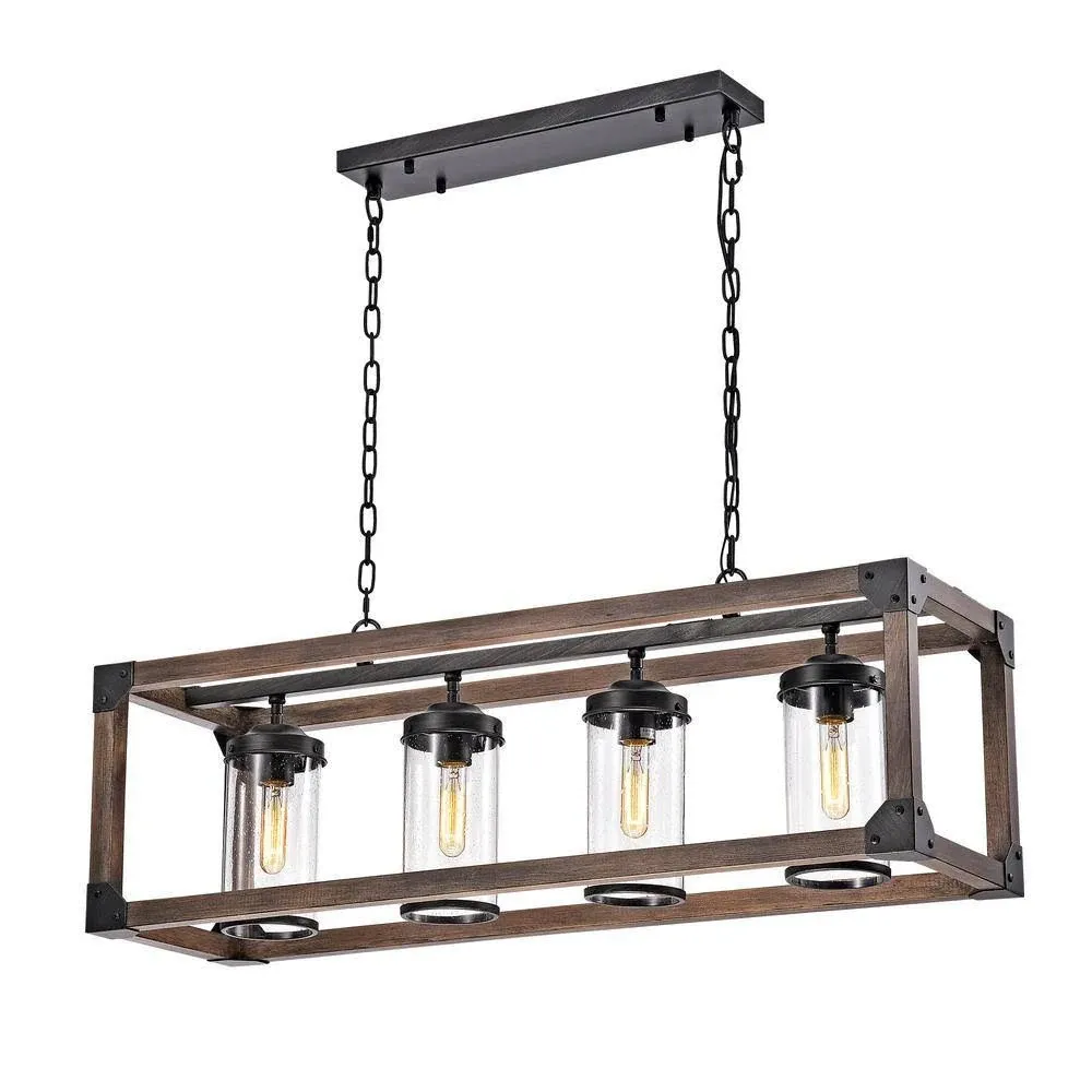 Daniela Chic Antique Black Metal and Wood Bubble Glass Cylinders Rectangular Pendant Chandelier