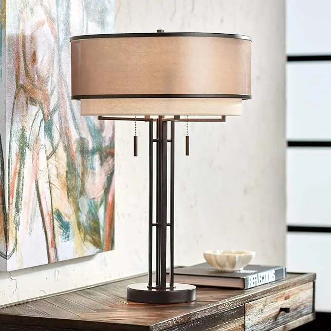 Franklin Iron Works Andes Modern Industrial Table Lamp 27 1/2" Tall Oil Rubbed Bronze Brown Metal Stacked Double Fabric Drum Shade for Bedroom Living Room House Home Bedside Nightstand Office Kids