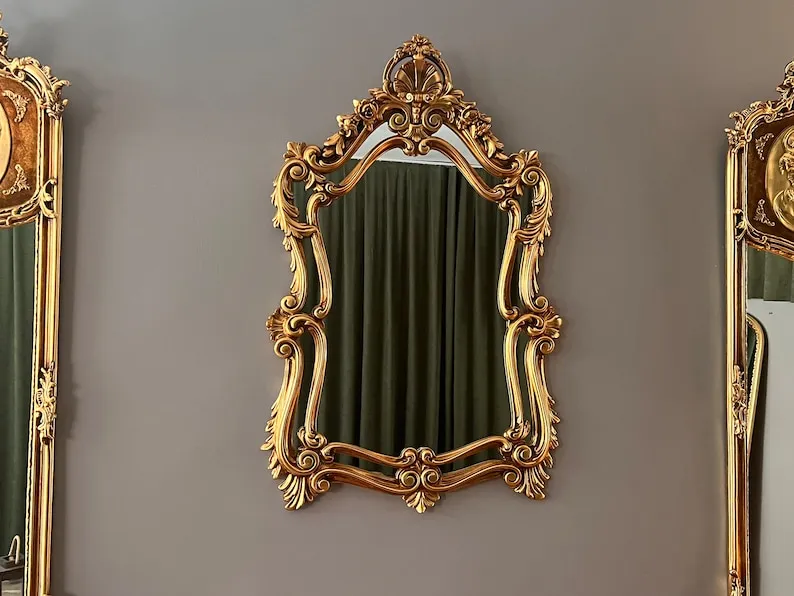 Rustic Wall Mirror for Bathroom, Gold Vanity Mirrors for Wall Decor, Antique Ornate Mirror for Living Room, Bedroom, Hallway 32''x24''