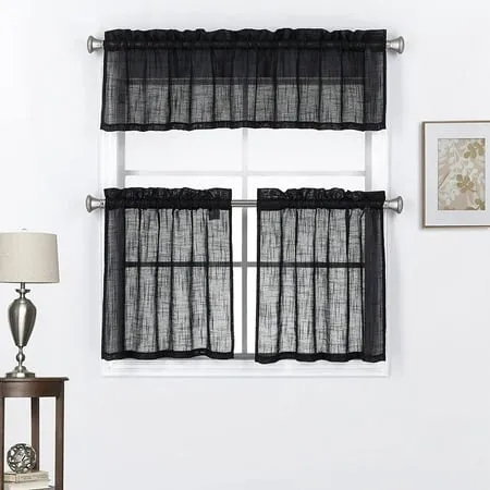 3 Piece Linen Look Rod Pocket Top Kitchen Window Curtain Tier Pair and Valance Set 36 Inch Long