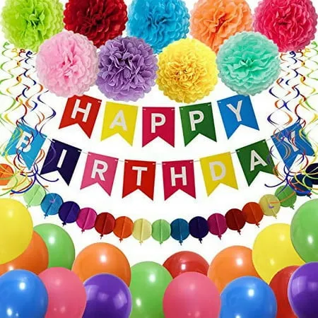 Birthday Decorations Party Supplies, Colorful Birthday Decorations, Happy Birthday Banner, Pom Poms Flowers, Garland, Hanging Swirl, Balloons for Kids Birthday Party