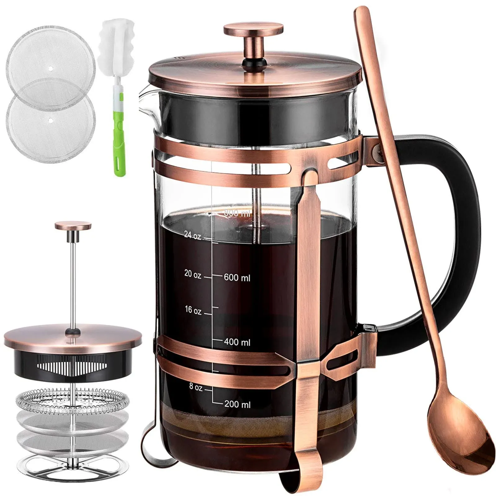 French Press Coffee Tea Maker（34oz）,304 Stainless Steel Coffee Press with 4 Filters Screen-100% No Residue -German Heat-Resistant Borosilicate Glass- BPA FREE -Dishwasherable, Black